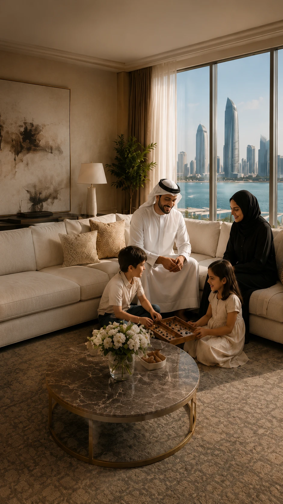 A family relaxing in a Desert Key apartment with the skyline beyond